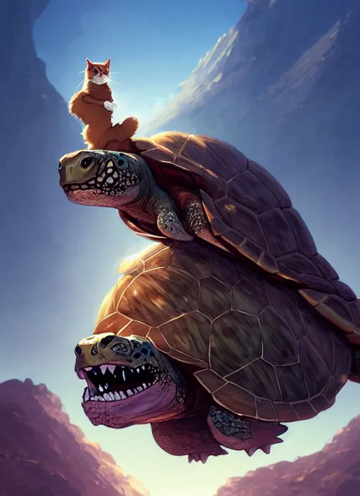 Image similar to character portrait of The tallest mountain topped by a cat riding a gigantic turtle, with another cat riding a large turtle atop the mountain. By Greg Rutkowski. cute beautiful attractive detailed. Character design by charlie bowater, ross tran, artgerm, and makoto shinkai, detailed, inked, western comic book art