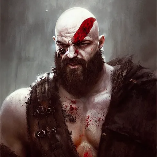 Prompt: kratos portrait, bleeding, by greg rutkowski, cinematic view, great light