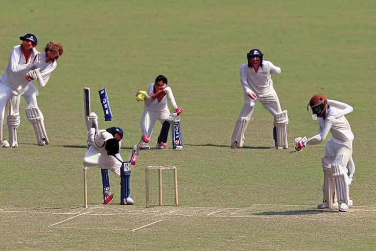 Prompt: a group of insects playing the sport of cricket