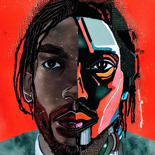 Image similar to portrait of kawhi leonard as half terminator with a robot eye in a scenic environment by conrad roset, watercolors, cybernetically enhanced, hyperdetailed, cyberpunk, cool, trending on artstation