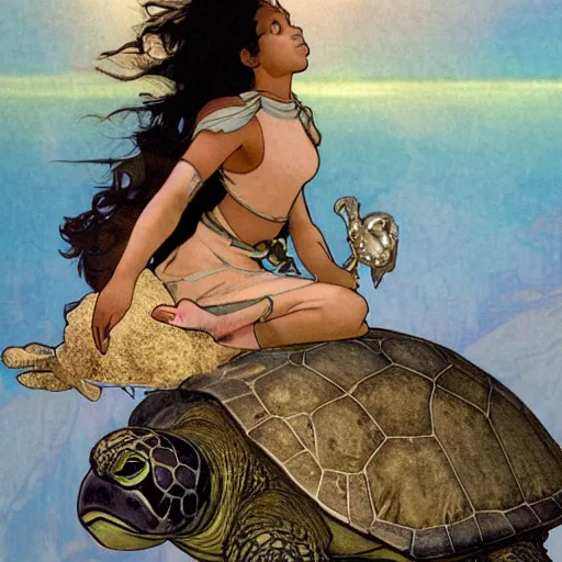 Image similar to a little warrior girl sitting on top of a giant turtle that is walking in the desert, seen from a distance. the girl is fully visible and has dark skin, realistic full body and a very beautiful detailed face with long black hair. diffuse light, dramatic sky and landscape, fantasy illustration by mucha