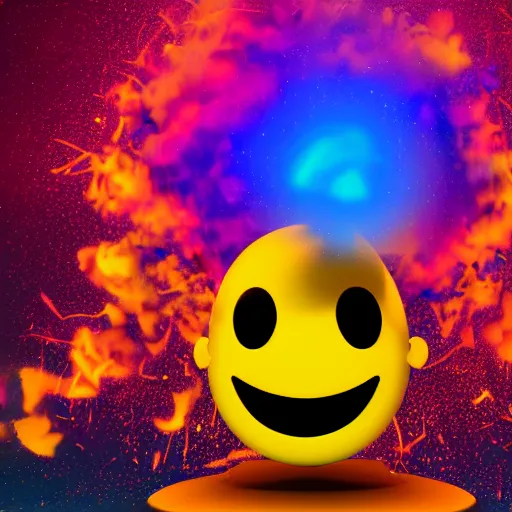 Image similar to exploding mind, happy emoji, 3 d render, 4 k, glossy sphere, psychodelic colors, black background