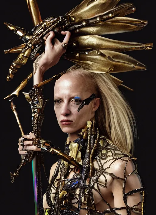 Image similar to a woman with iridescent skin, pirate weapons, by van herpen, iris