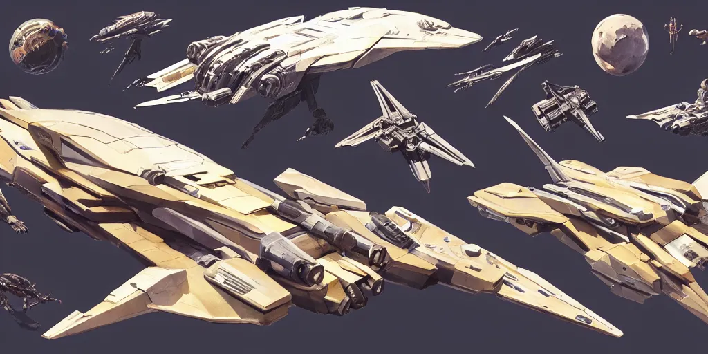 Prompt: futuristic sci - fi props and gadget, hard surface, collection, kitbash, parts, shape and form, in watercolor gouache detailed paintings, hull, elite dangerous, star citizen, modular, pieces, golden ratio, mobius. syd mead, pack