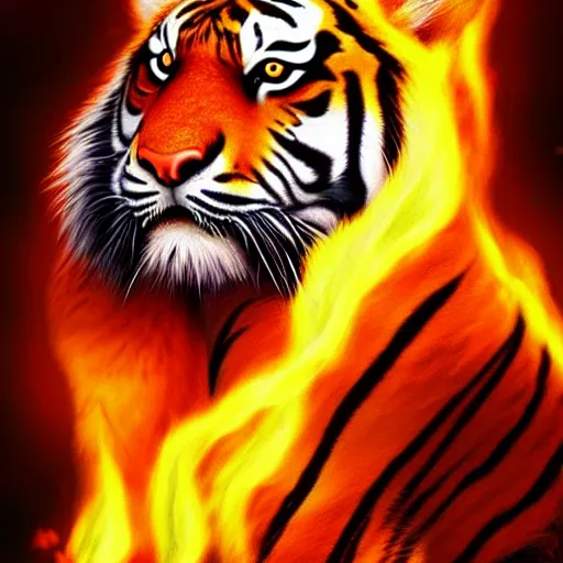 Prompt: a tiger made of fire, portrait, fantasy, beautiful face, vivid colors, elegant, concept art, sharp focus, digital art, hyper - realistic, 4 k, unreal engine, highly detailed, hd, dramatic lighting by brom, trending on artstation