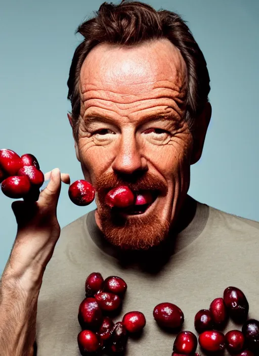 Image similar to portrait of bryan cranston at a cranberry eating contest, bulging cheeks eating cranberries, open mouth, hamster cheeks, studio light, bloom, detailed face, magazine, press, photo, steve mccurry, david lazar, canon, nikon, focus