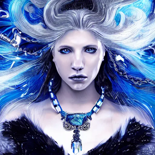 Image similar to masterpiece portrait of an aesthetic mage woman, ice spell, 3 0 years old woman, ( katheryn winnick like ), black dynamic hair, wearing silver diadem with blue gems inlays, silver necklace, painting by joachim bergauer and magali villeneuve, atmospheric effects, chaotic blue sparks dynamics in the background, intricate, artstation, fantasy