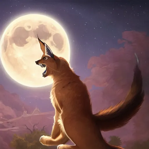 Prompt: Illustration of cute caracal chasing the moon through the sky, league of legends, LOL, fantasy, d&d, digital painting, artstation, concept art, sharp focus, illustration, art by greg rutkowski and alphonse mucha