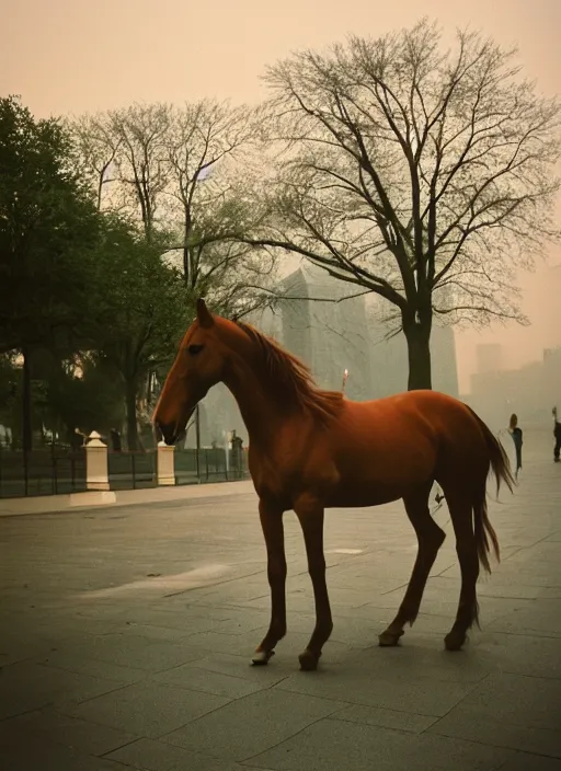 Image similar to a photograph of a horse in front of the metropolitan museum of art, foggy, 3 5 mm, color film camera, pentax