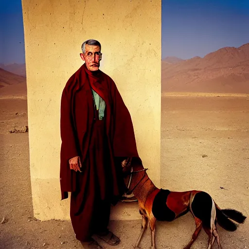 Image similar to portrait of president woodrow wilson as afghan man, green eyes and red scarf looking intently, photograph by steve mccurry