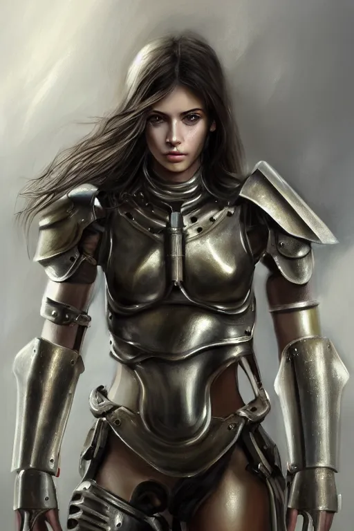 Image similar to a photorealistic painted portrait of an attractive young girl, partially clothed in dull metal-plated battle armor, olive skin, long dark hair, flawless skin, beautiful bone structure, symmetric facial features, perfect photorealistic eyes, natural physique, intricate, elegant, digital painting, concept art, finely detailed, beautifully illustrated, sharp focus, minimal artifacts, from Metal Gear, by Ruan Jia and Mandy Jurgens and Artgerm, in the style of Greg Rutkowski, trending on Artstation, award winning art