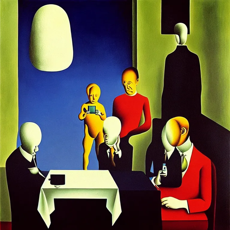 Image similar to a nuclear family staring at their smartphones during dinner, by salvador dali and rene magritte, soft colors, cool lighting, dark, surreal