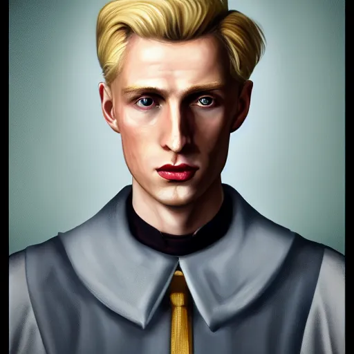 Prompt: A Crusader Kings II portrait of a blond young English man with high cheekbones. Good bone structure. Dressed in 1940s style. Highly detailed, fine Art, high detail, great lighting, 8k resolution, masterpiece, concept art, illustration, clear eyes, painting oil on canvas, octane render, HDR, trending on artstation, 4k, 8k, HD