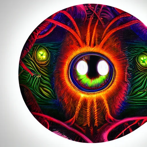 Image similar to dark fantasy, 4 k, textured 3 d, intense detail, dark psychedelic, one eye in center of hideous monster, amazing background, alex grey style