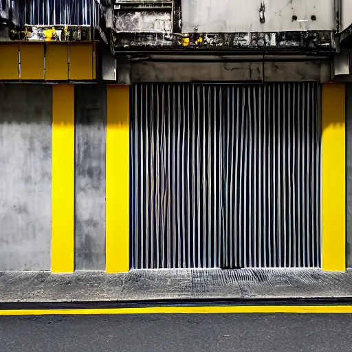 Prompt: Taiwan small alleyway corrugated aluminium roller shutter doors, concrete rendering, concrete poles with yellow and black diagonal thick warning lines for the scooters