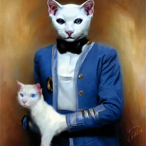 Image similar to a portrait of a manly humanoid white cat feline, blue eyes, star trek the next generation. highly detailed painting by gaston bussiere, craig mullins, j. c. leyendecker, furry