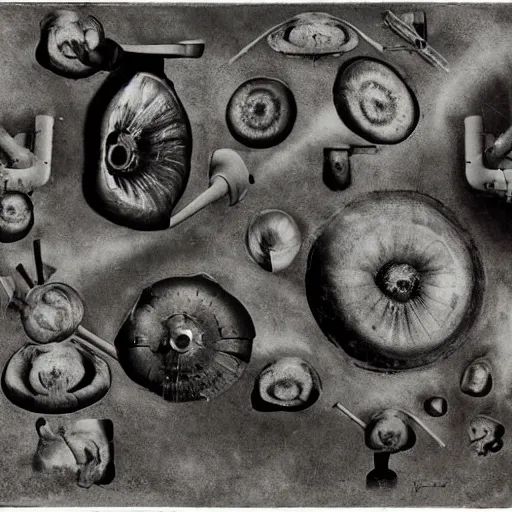 Prompt: photomontage of tanks and fungi by john heartfield, photographic, black and white, detailed, masterpiece, fine art, photomontage, museum quality