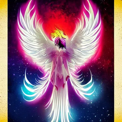 Prompt: white phoenix on flames orange purple background stylised poster art neat graphic design style holistic