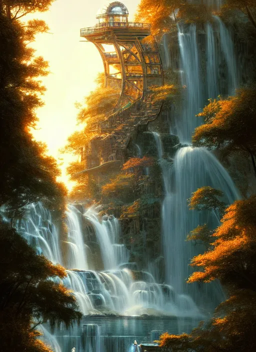 Prompt: detailed intricate digital illustration by greg rutkowski and artgerm and wlop and sanford robinson gifford ; 2 0 0 4 vehicle, shimmering waterfall in background ; 1 3 mm film, arri alfa anamorphic lens ; sharp focus, golden hour lighting, trending on artstation 4 k ; close view