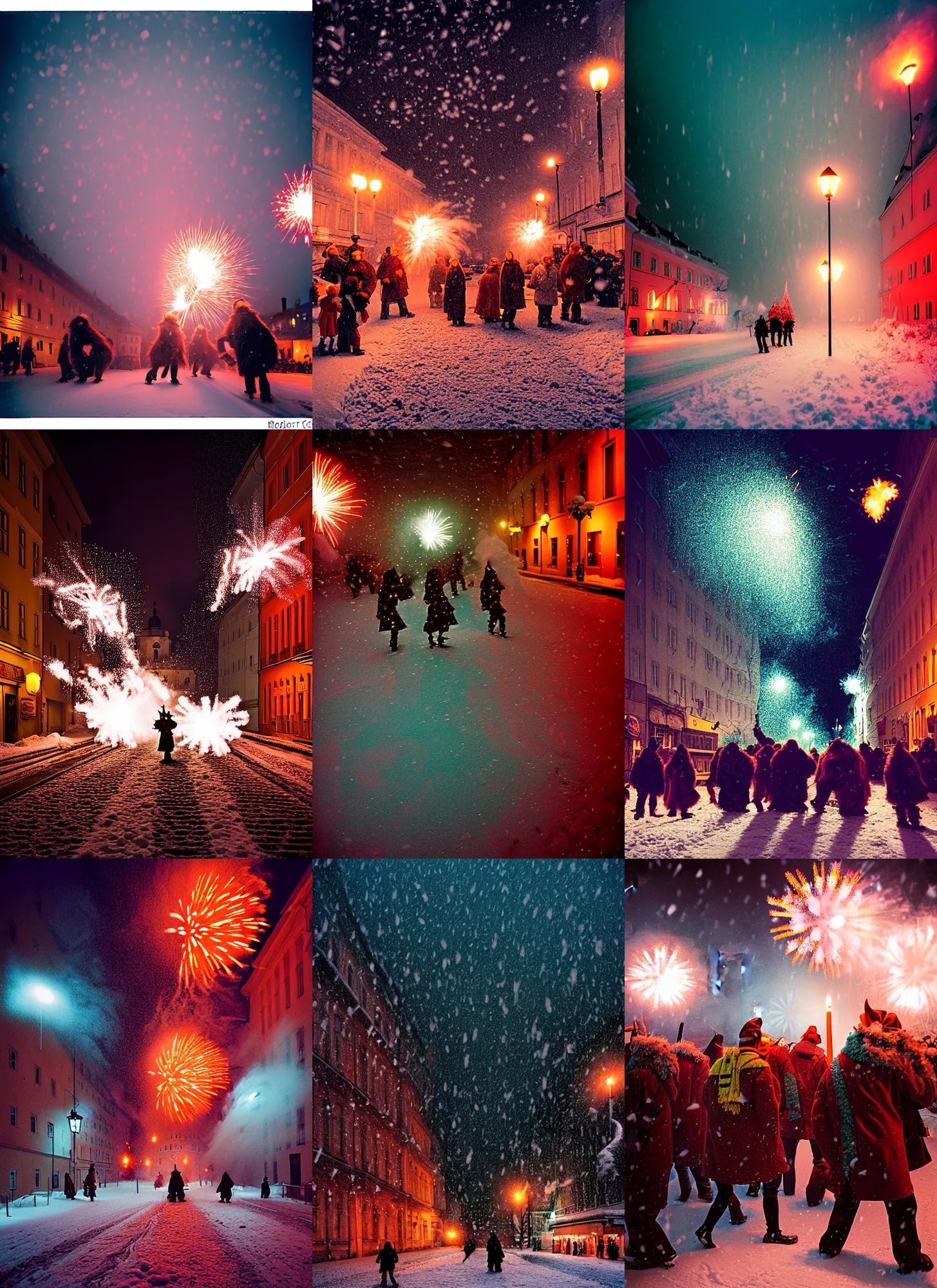 Image similar to kodak portra 4 0 0, winter, snowflakes, snowstorm, award winning dynamic photograph of a bunch of hazardous krampus by robert capas, in muted colours, striped orange and teal, motion blur, on a street in salzburg at night with colourful pyro fireworks and torches