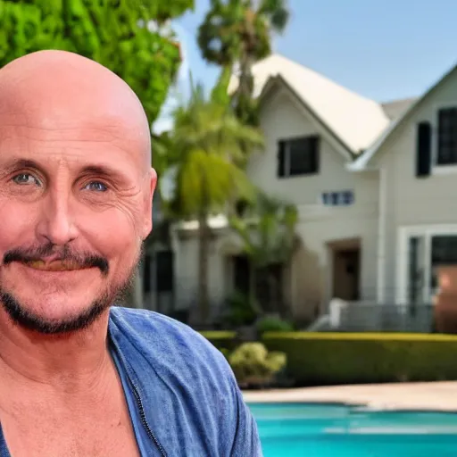 Image similar to close - up of emilio estevez completely bald with a pool and a house in the background