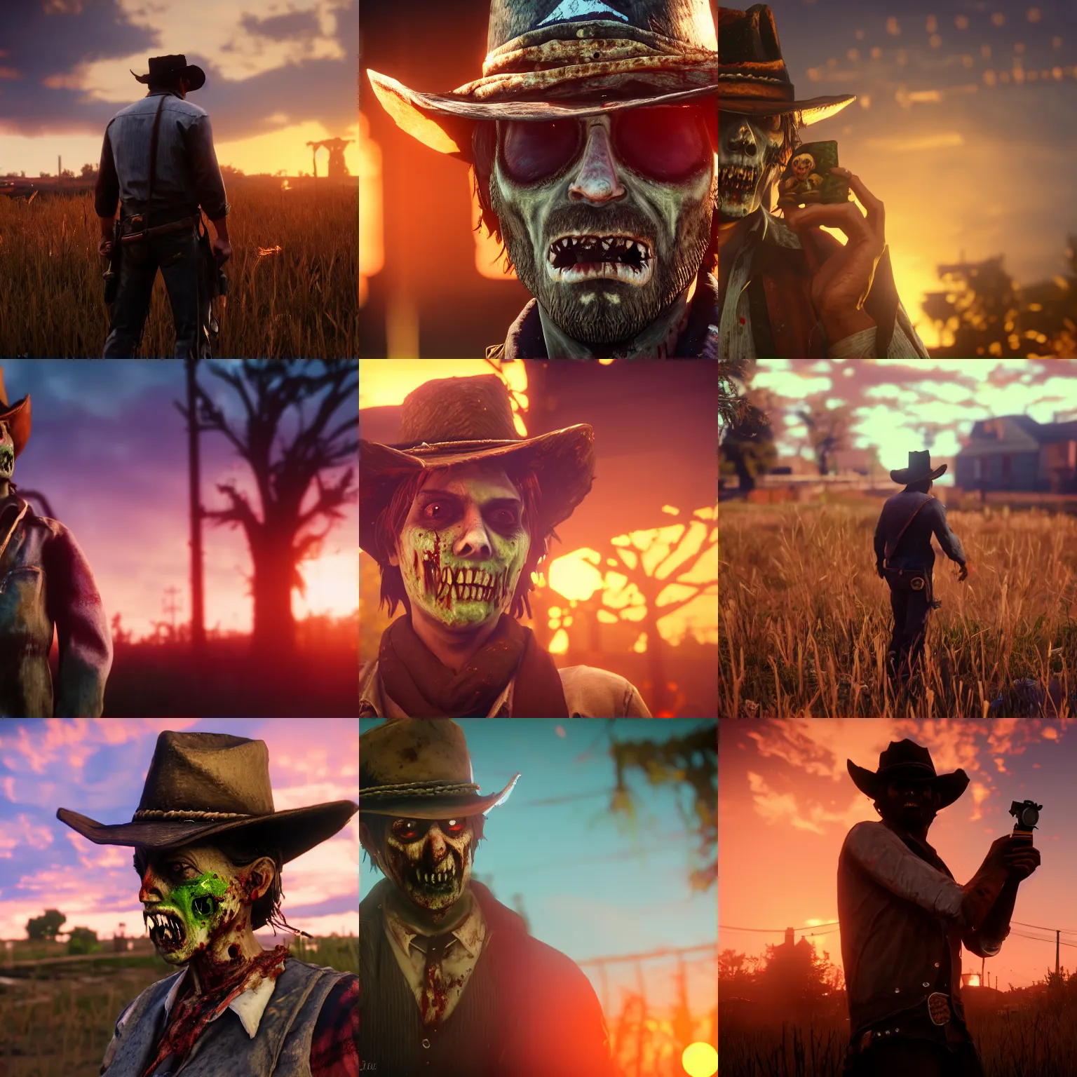 Prompt: zombie, bokeh dof, professional, dreamy, cute, 4 k, sunset, award winning, cute, disgusting, funny, sad, upset, jambalaya, red dead redemption 2