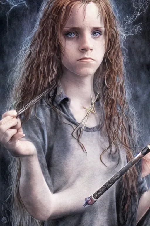 Prompt: dressed Hermione Granger in tattoos with a magic wand, by luis royo, beautiful eyes, top cinematic lighting, cinematic mood, hyperrealism, high detail