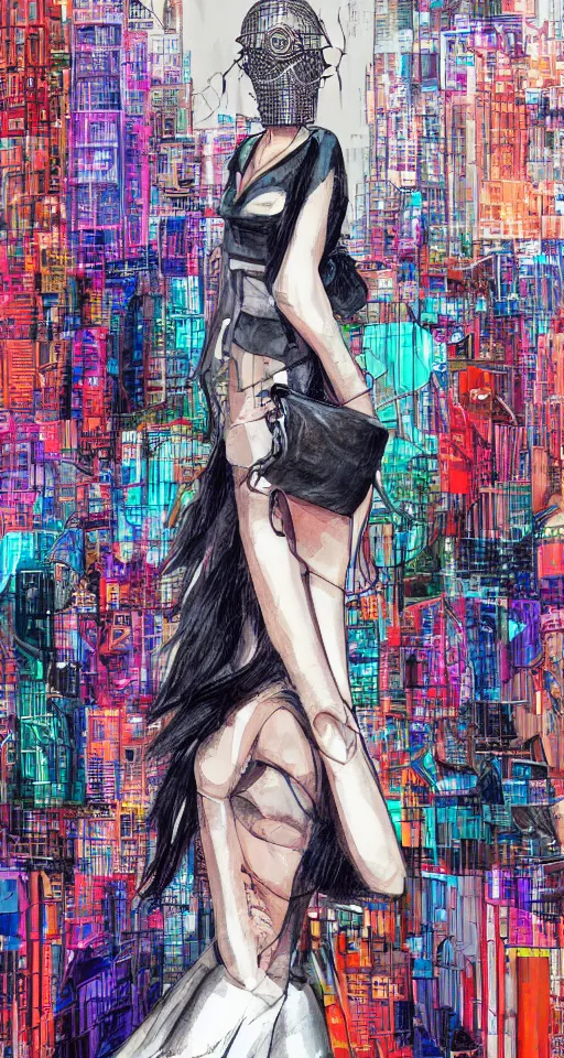 Prompt: cypherpunk high priestess fashion illustration, camera face, city street background with high tall buildings, kodachrome, abstract portrait highly detailed, finely detailed