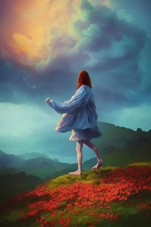 Image similar to closeup giant dahlia flower over the head, girl standing on mountain, surreal photography, blue storm clouds, dramatic light, impressionist painting, digital painting, artstation, simon stalenhag