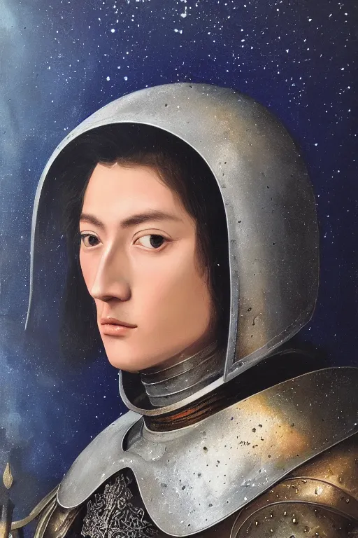 Image similar to hyperrealism oil painting, close - up portrait of caucasian medieval fashion model, knight, steel gradient mixed with nebula sky, in style of baroque mixed with 7 0 s japan book art