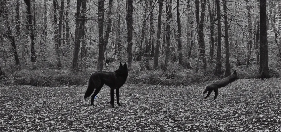 Prompt: river in the wood, black wolf guarding, analogue photo quality, monochrome, blur, unfocus, film grain, blue color bleed