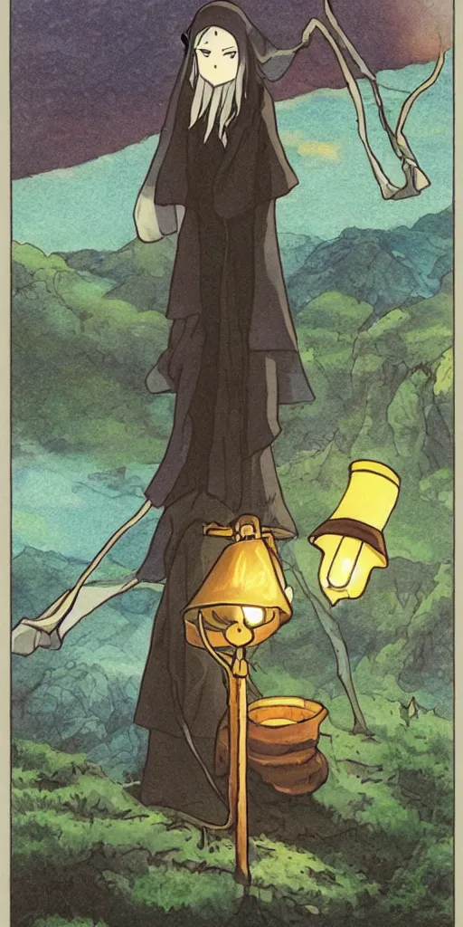 Prompt: a hermit on a mountain with a lamp drawn like Watamote anime, full color, tarot card The hermit,