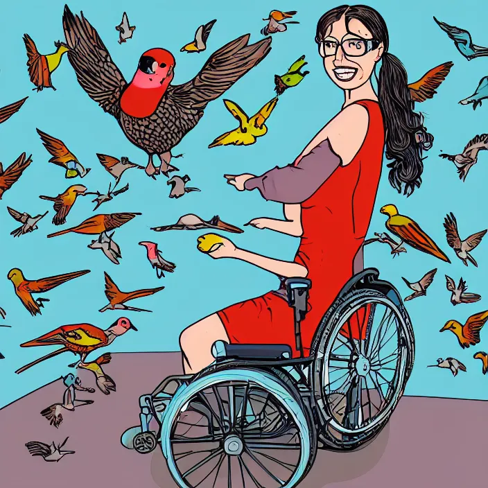 Prompt: a nerdy woman in a wheelchair, surrounded by birds, a full color illustration by mike mignolia