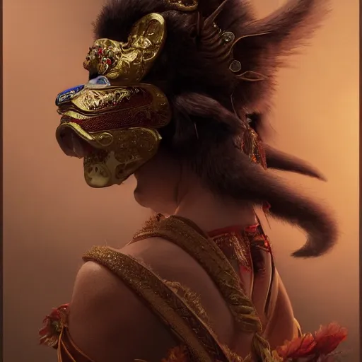 Prompt: a photorealistic dramatic fantasy render of a beautiful woman alexandra daddario wearing a beautiful intricately detailed japanese monkey kitsune mask and clasical japanese kimono by wlop, artgerm, greg rutkowski, alphonse mucha, epic, beautiful dynamic dramatic dark moody lighting, shadows, cinematic atmosphere, artstation, concept design art, octane render, 8 k