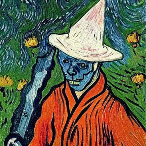 Image similar to ghost wearing a party hat and holding a sword in a japanese garden, van gogh painting,