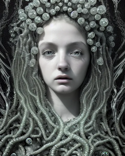 Image similar to surreal mythical dreamy underwater artistic bw photo of a beautiful young female angelic - medusa - cyborg covered with fish scales and algae, highly detailed, intricate crystal ivy jelly fish scales ornate, poetic, octane render, 8 k, photo - realistic, in the style of gustave dore and preraphaelites