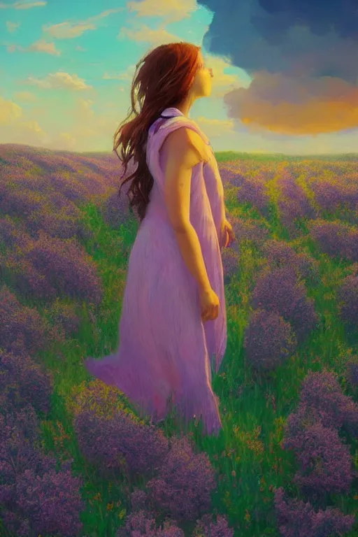 Image similar to portrait, giant lilac flower as head, girl in heather field, surreal photography, golden hour, colorful clouds, impressionist painting, digital painting, artstation, simon stalenhag