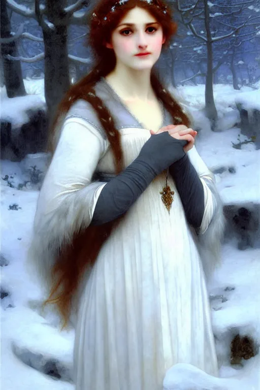 Prompt: snow queen in furry ice cold, painting by rossetti bouguereau, detailed art, artstation