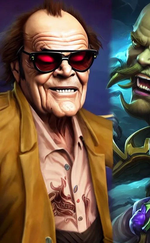 Image similar to Jack Nicholson as a character in the game League of Legends, with a background based on the game League of Legends, detailed face, old 3d graphics