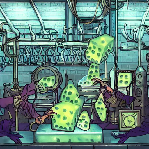 Prompt: gelatinous cubes being processed into magic items with the juice made from their bodies, d & d, industrial assembly line in a fantasy steampunk factory, art nouveau