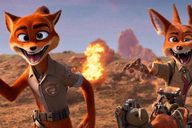 Prompt: nick wilde ( from zootopia ), heavily armed and armored facing down armageddon in a dark and gritty reboot from the makers of mad max : fury road : witness me