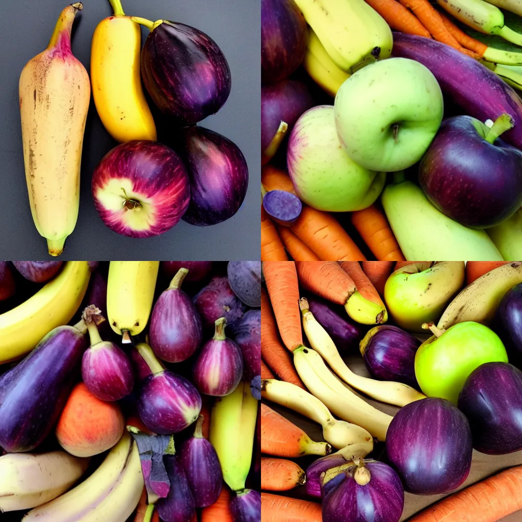 Prompt: apple, banana, carrot, date, eggplant, fig, grape