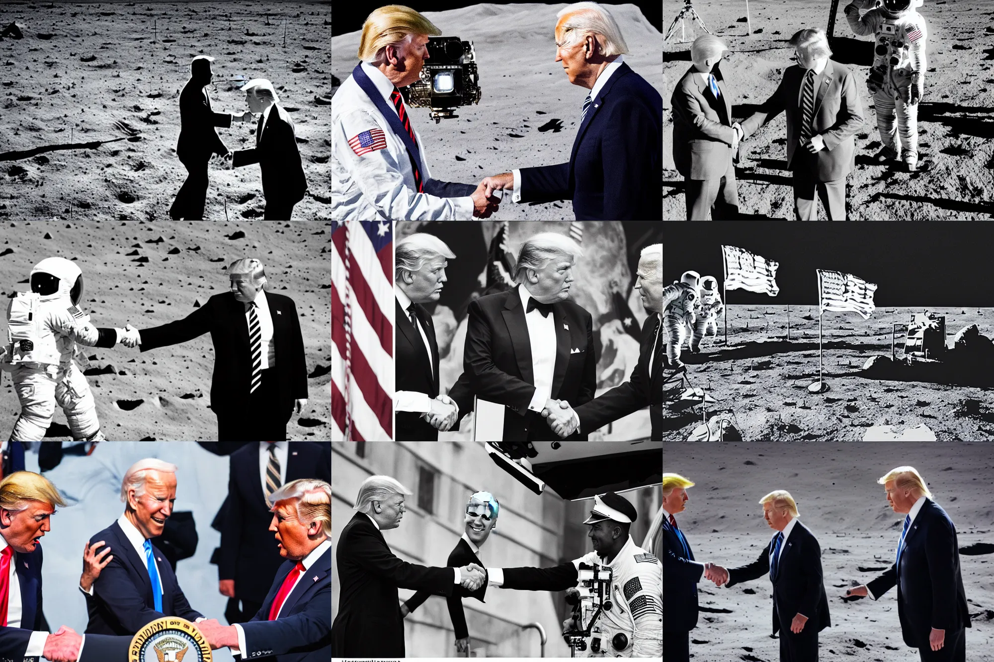 Image similar to lens camera photo cinematic portrait donald trump shaking hands with joe biden on the moon, award winning