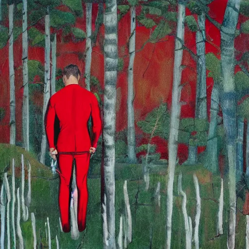 Prompt: Ryan Reynolds wearing a red suit and holding a long sword in the middle of a detailed ancient forest, abstract minimalist painting