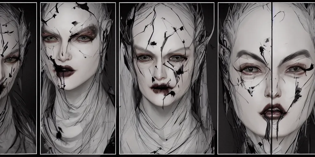 Image similar to gothic female character face detail designs, Kim Jung Gi, Greg Rutkowski, character sheet, Darek Zabrocki, Karlkka, Jayison Devadas, Phuoc Quan, trending on Artstation, 8K, ultra wide angle, pincushion lens effect