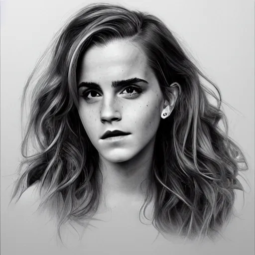 Prompt: emma watson with one hand in her hair, playing with her curls, hyperrealistic, artgerm