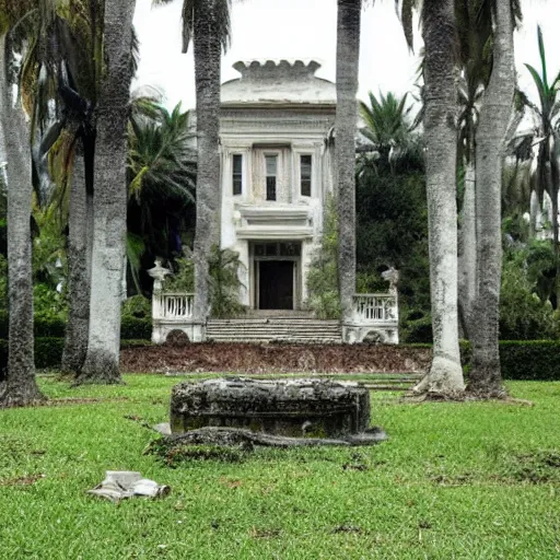 Image similar to The Mansion from Scarface (1983) being reclaimed by nature, in ruins, The world is yours statue