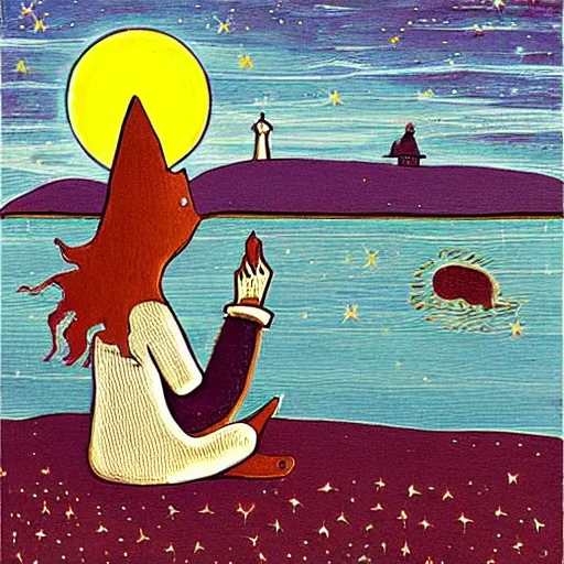 Prompt: folk horror art style depiction of a woman sitting by a harbour. lighthouse. night full moon. glowing stars. cat