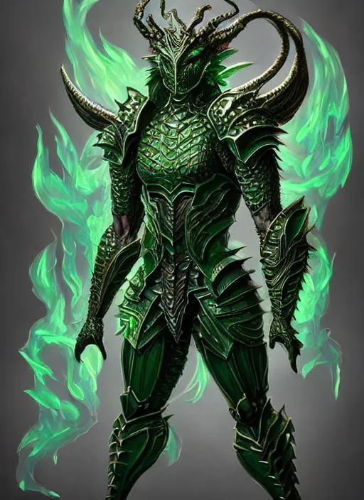 Image similar to muscular and tall green ghostly fire humanoid dragon!!!! draconian!! intricate ornate iridescent heavy armor!! character concept art, sharp focus, octane render! unreal engine 5! highly rendered!! trending on artstation!! detailed linework!! illustration by artgerm, wlop, and chie yoshii