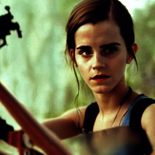 Image similar to film still, extreme far view, emma watson vietnam door gunner, film still from apocalypse now ( 1 9 7 9 ), 2 6 mm, kodak ektachrome, blue tint expired film,